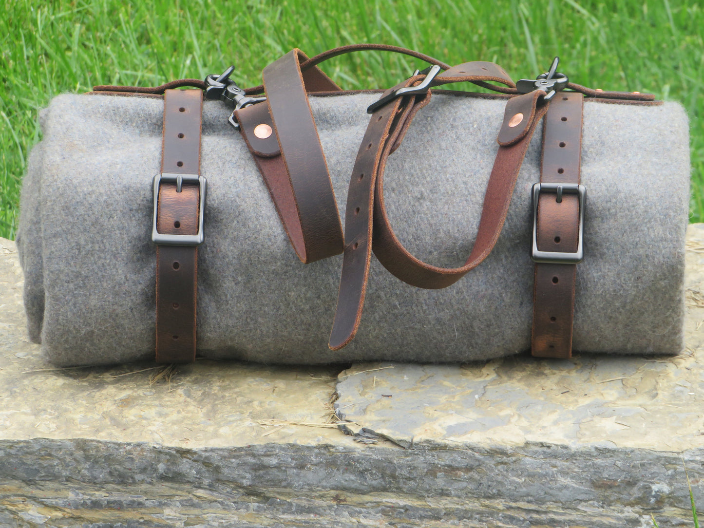 Hand made Crazy Horse Water Buffalo veg tanned leather blanket carrier/ blanket harness/bedroll