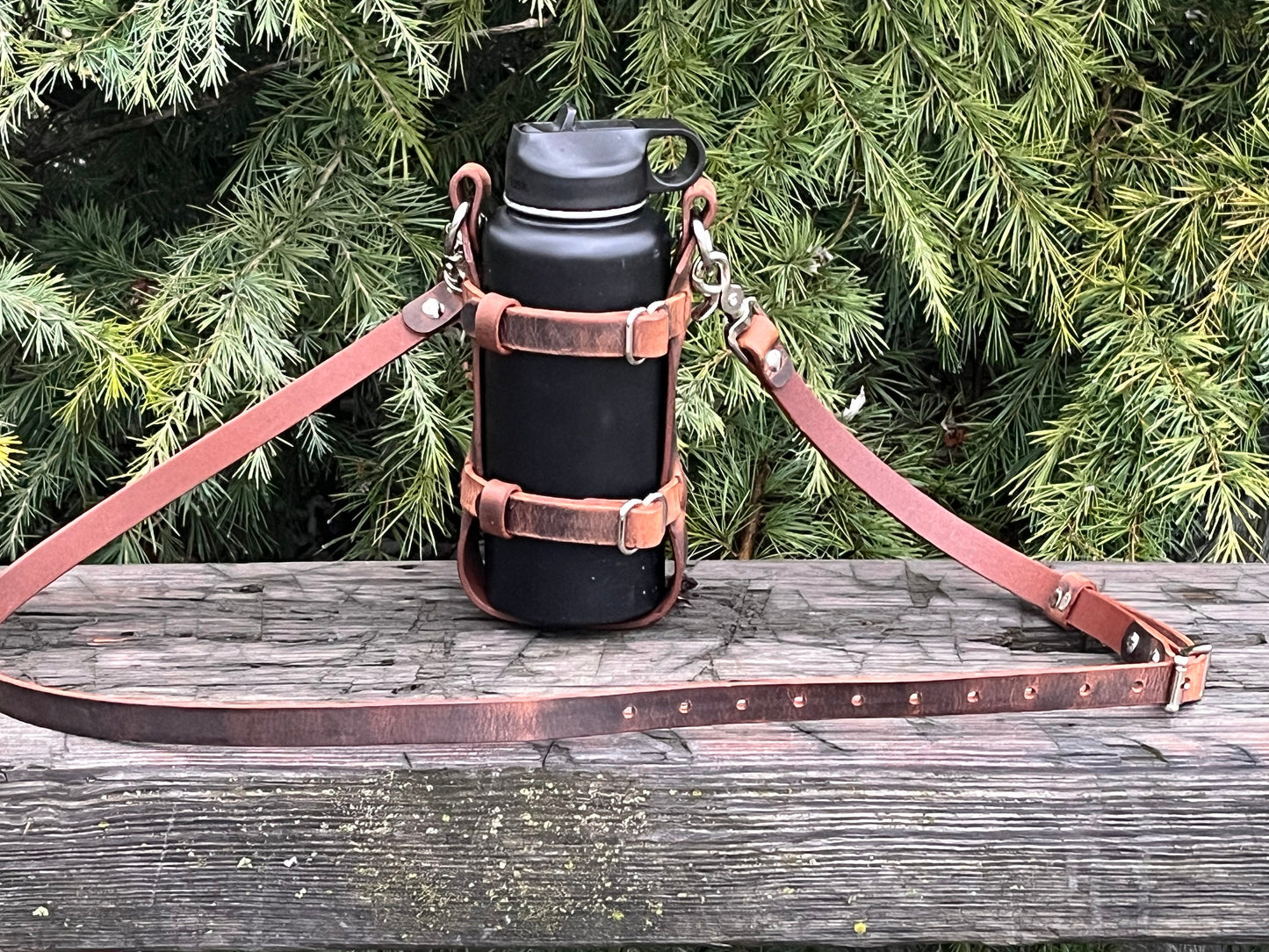 Adjustable Handmade Full Grain Water Buffalo leather water bottle carrier with shoulder strap, Custom made