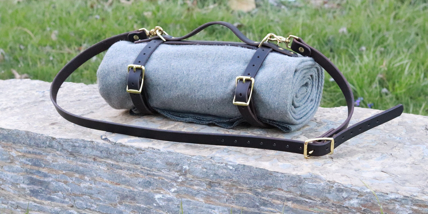 Leather Blanket Harness Hand made Chanin Dark Brown Bridle leather blanket carrier/ blanket harness/bedroll straps custom leather carrier