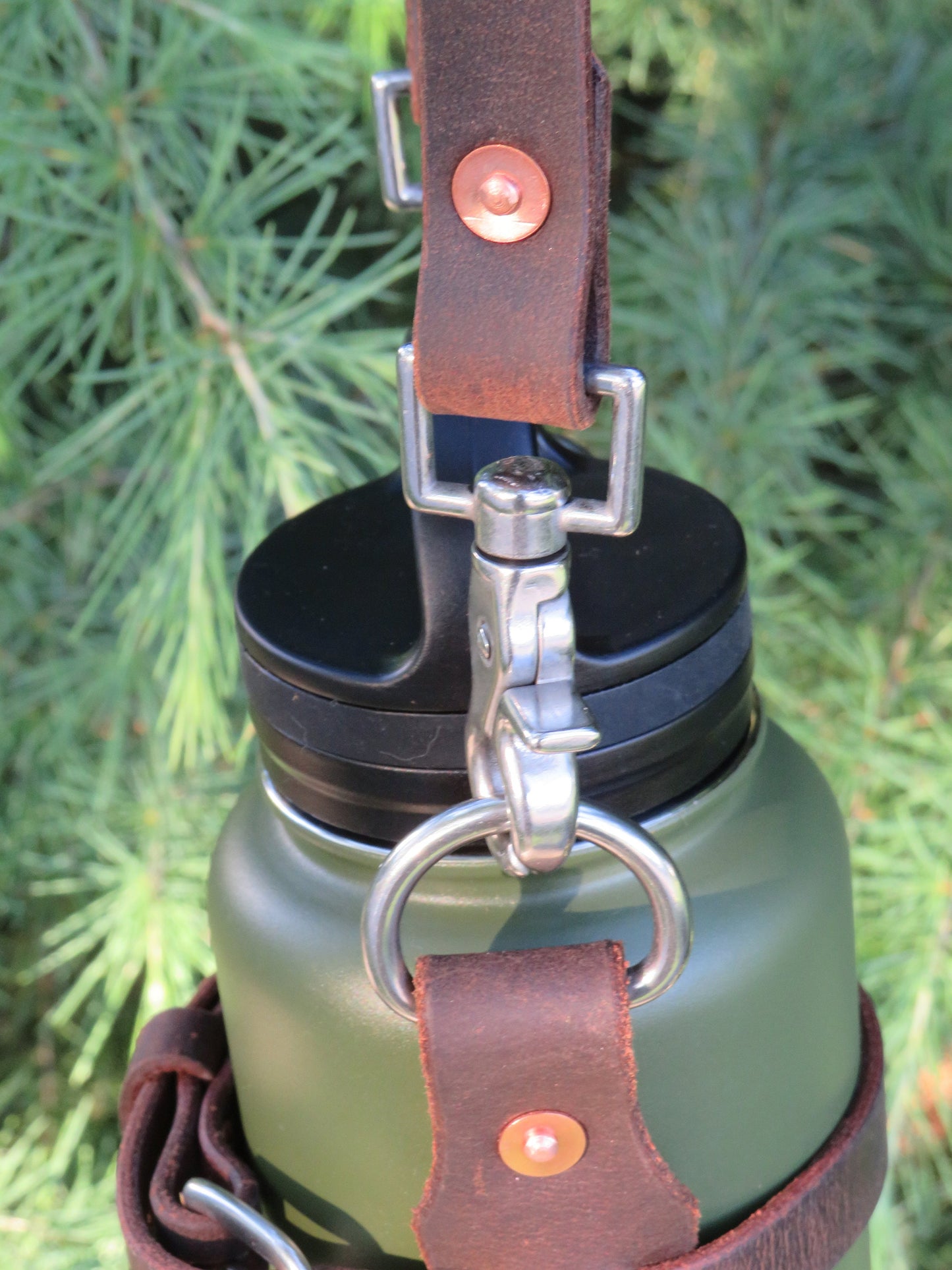 Adjustable Full Grain leather water bottle carrier with shoulder strap, Stainless Steel buckles and full grain leather custom made to fit