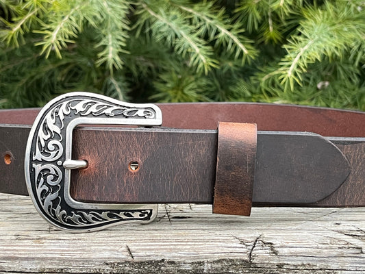 1 1/2" wide Crazy Horse leather belt - Jeremiah Watt hardware