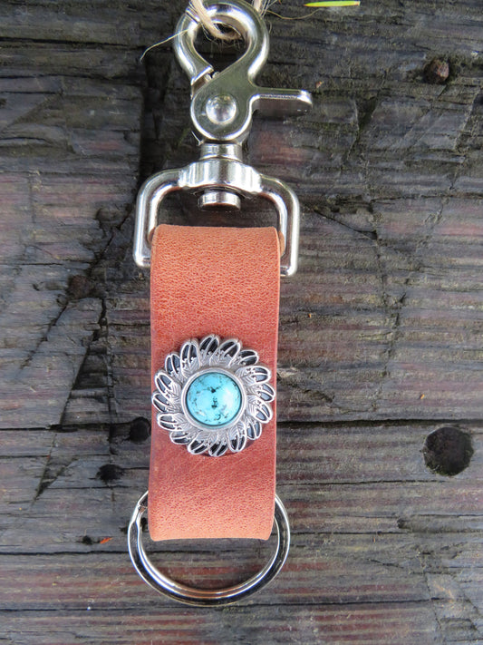 Handmade Leather keychain Hermann Oak harness leather keychain turquoise concho hardware