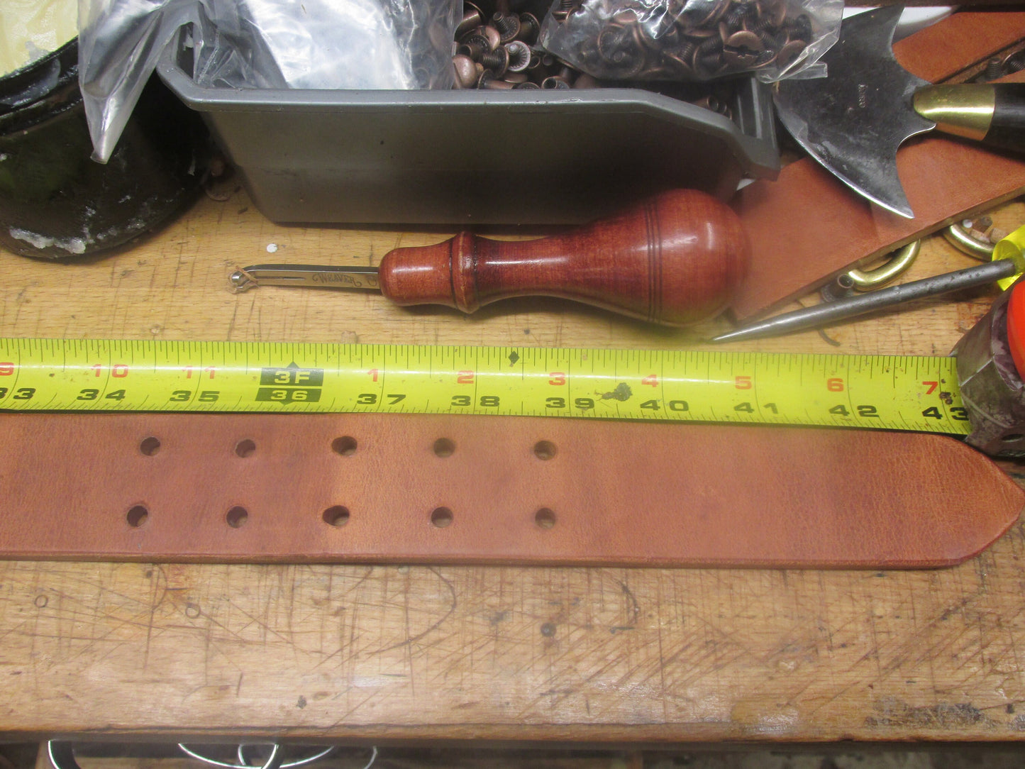 Hermann Oak Harness Leather Men's thick work belt, gun belt, casual belt, Made in US with US hides. Custom made, two prong belt Thick belt