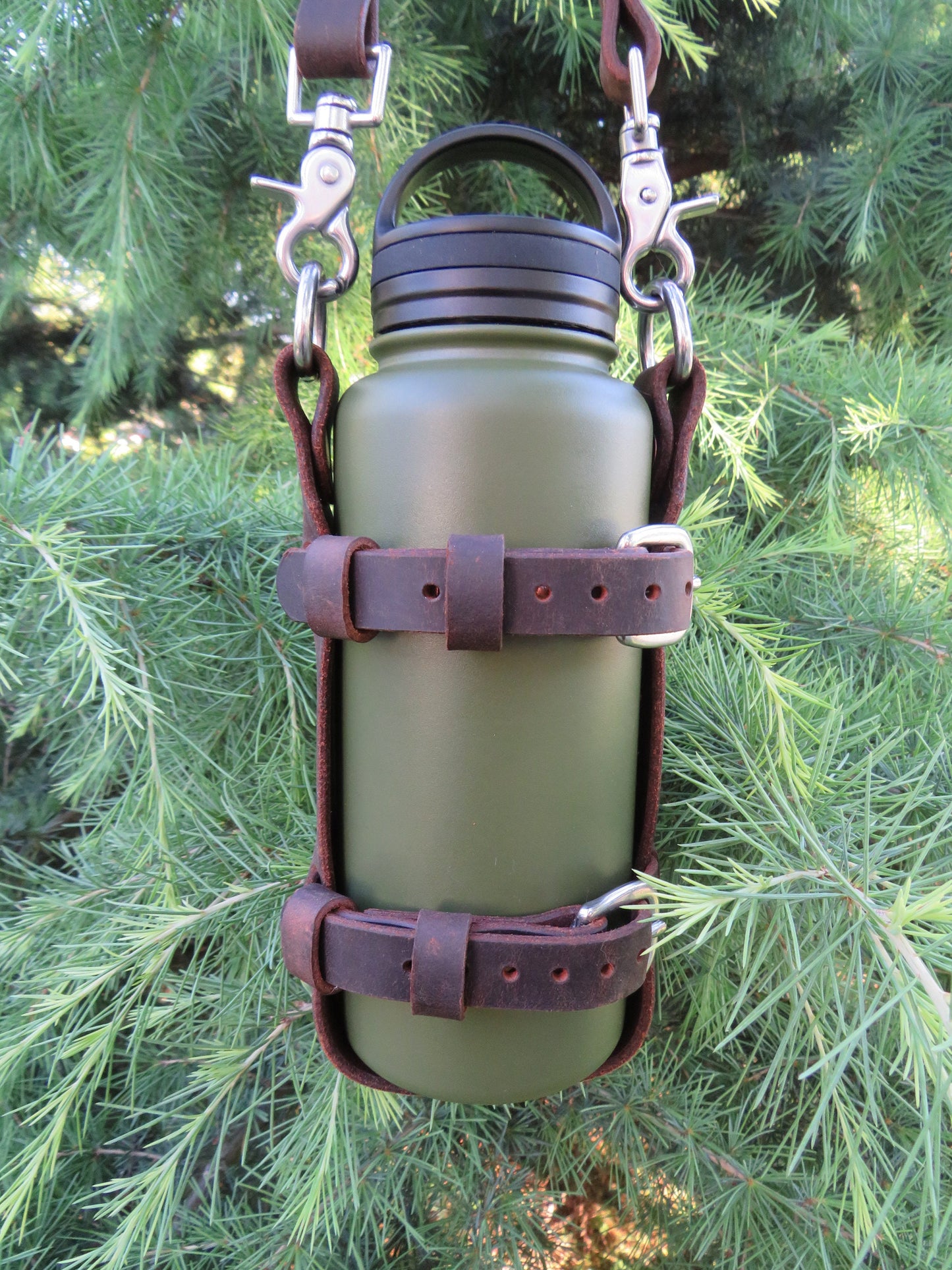 Adjustable Full Grain leather water bottle carrier with shoulder strap, Stainless Steel buckles and full grain leather custom made to fit