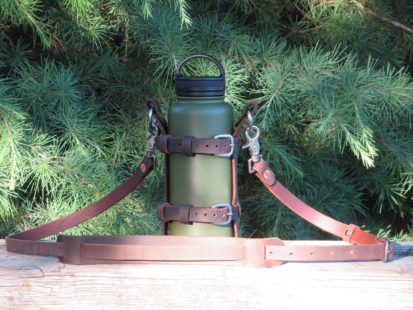 Adjustable Full Grain leather water bottle carrier with shoulder strap, Stainless Steel buckles and full grain leather custom made to fit