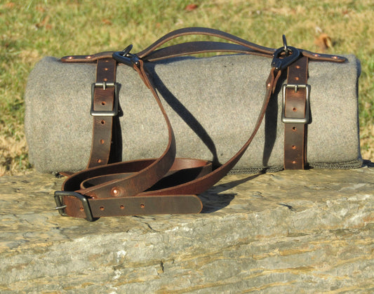 Hand made Crazy Horse Water Buffalo veg tanned leather blanket carrier/ blanket harness/bedroll