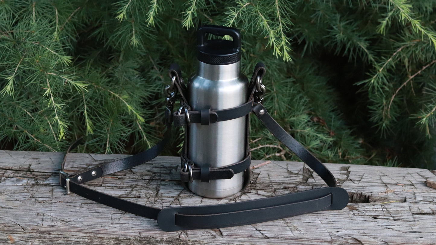 Black Leather water bottle carrier with shoulder strap, Adjustable Full Grain leather water bottle caddy reusable water bottle