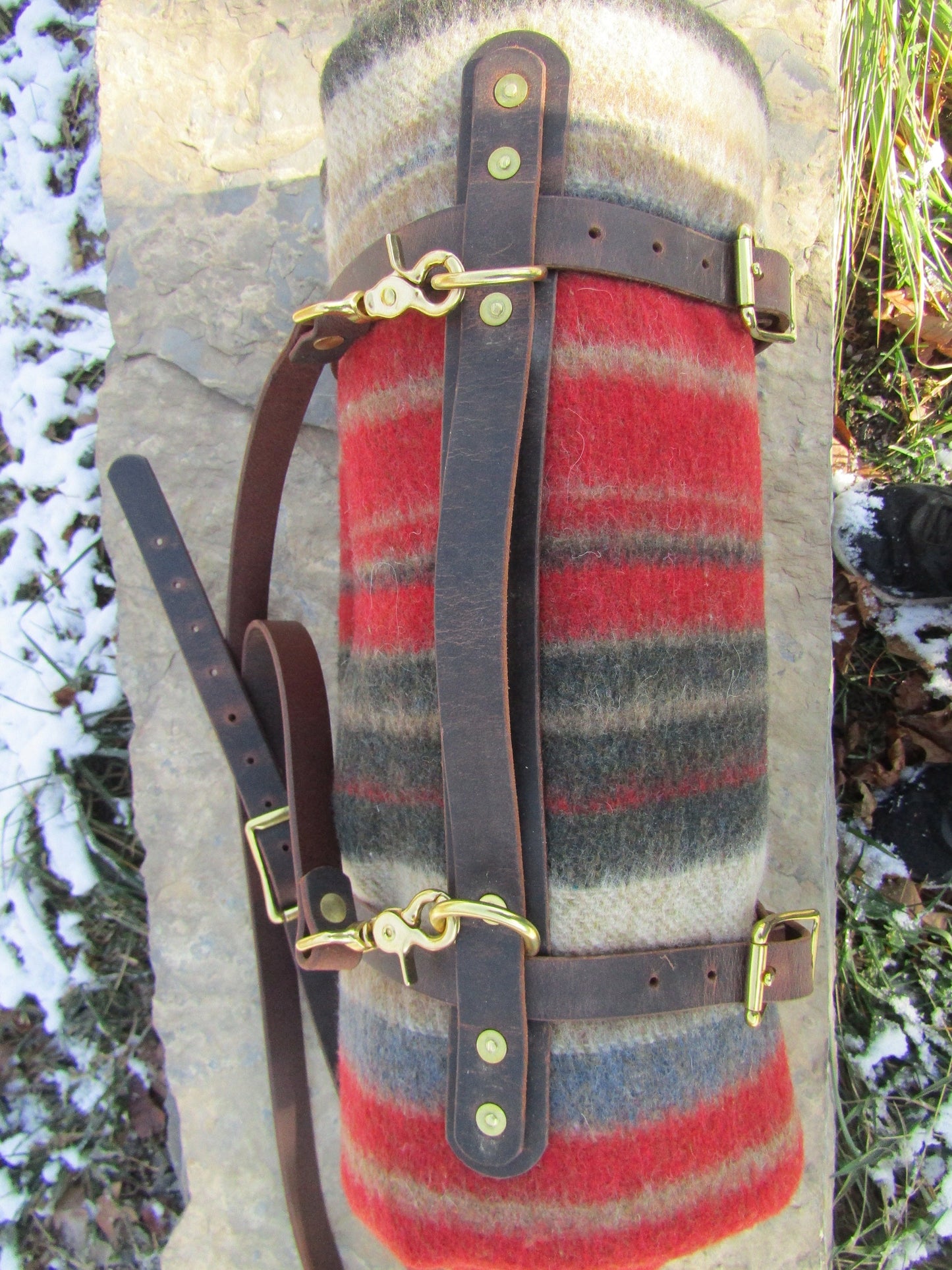 Hand made Crazy Horse Water Buffalo veg tanned leather blanket carrier/ blanket harness/bedroll, solid brass rivets and hardware