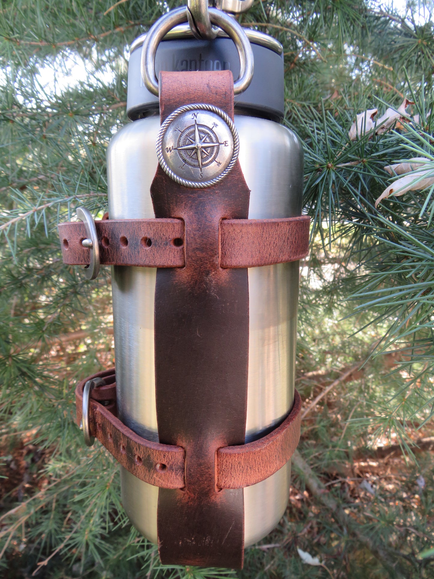 Adjustable Full Grain leather water bottle carrier with shoulder strap