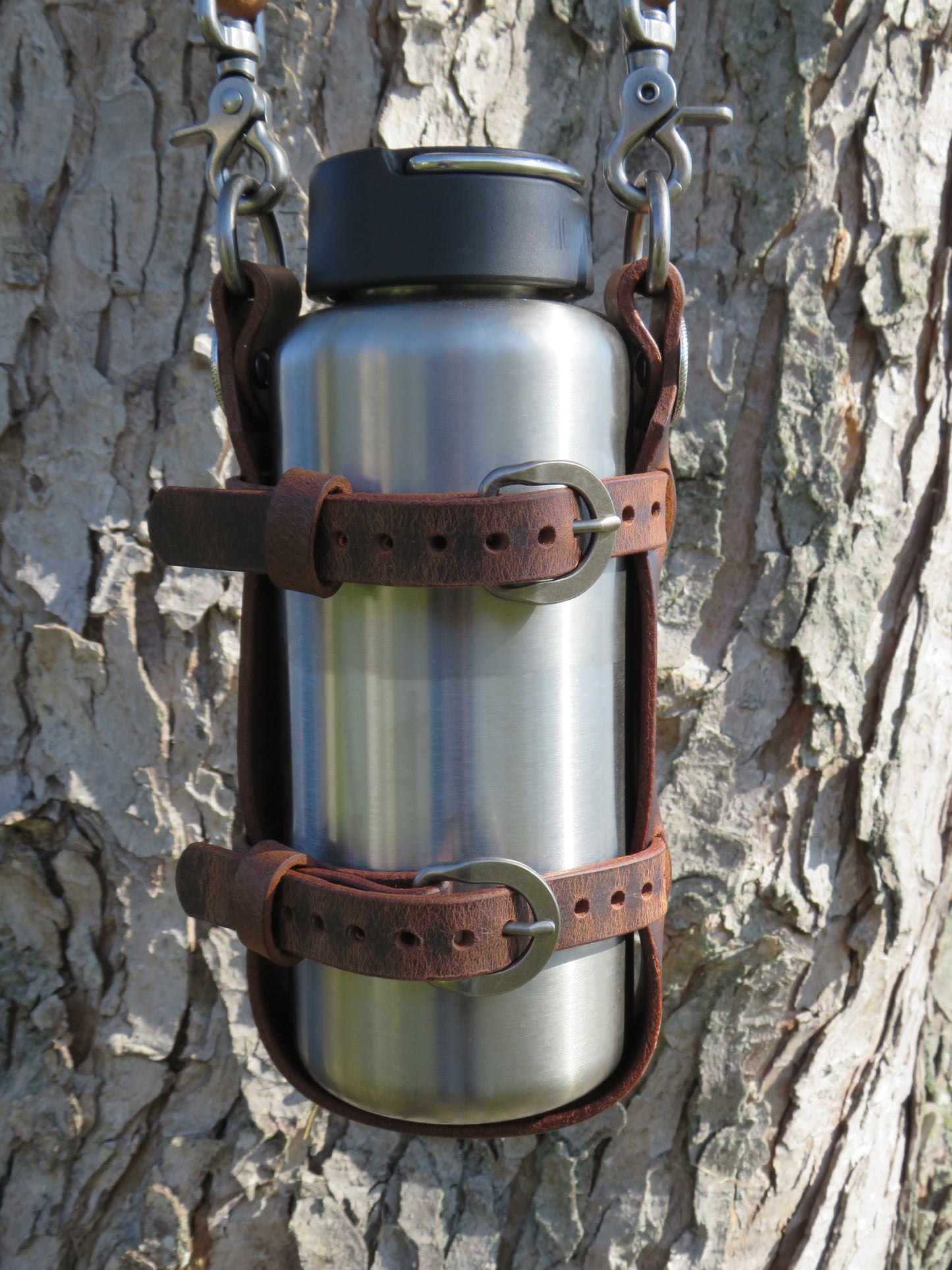 Adjustable Full Grain leather water bottle carrier with shoulder strap