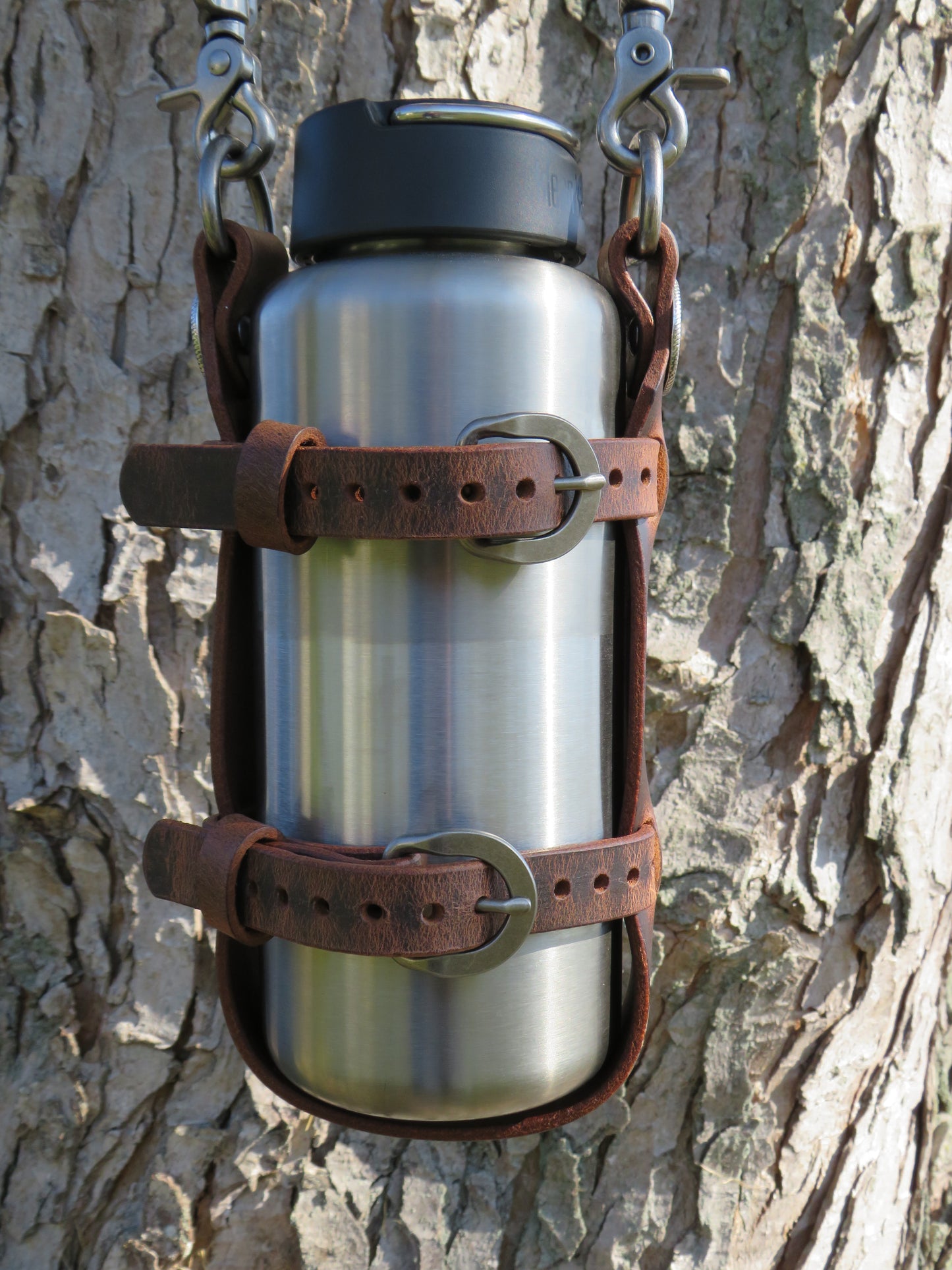 Adjustable Full Grain leather water bottle carrier with shoulder strap