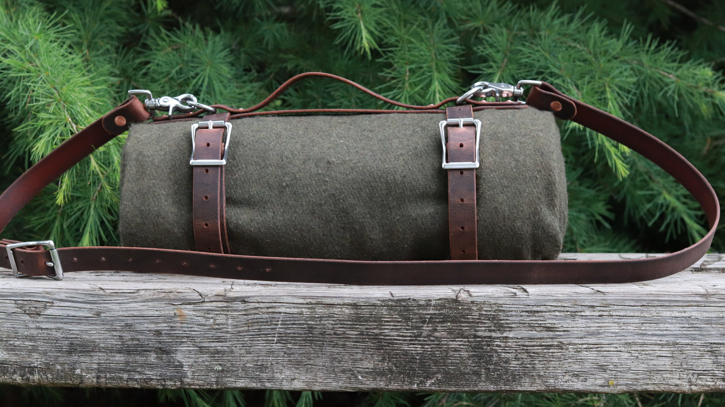 Hand made Crazy Horse Water Buffalo veg tanned leather blanket carrier/ blanket harness/bedroll