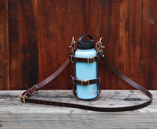 Adjustable Dark Brown bridle leather water bottle carrier with shoulder strap, solid brass hardware