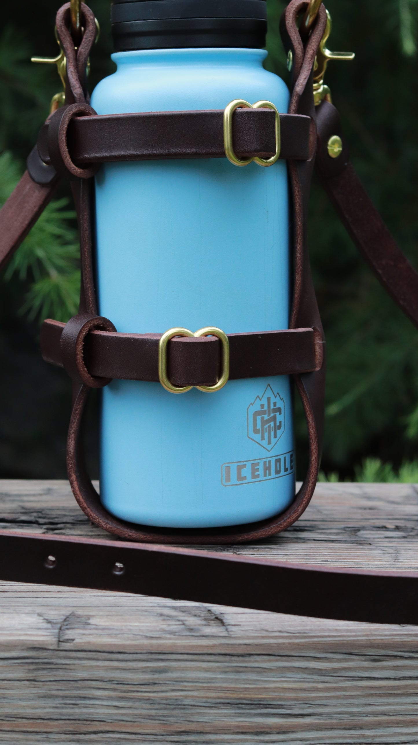 Adjustable Dark Brown bridle leather water bottle carrier with shoulder strap, solid brass hardware