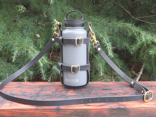 Adjustable leather water bottle carrier with shoulder strap Leather Water Bottle harness