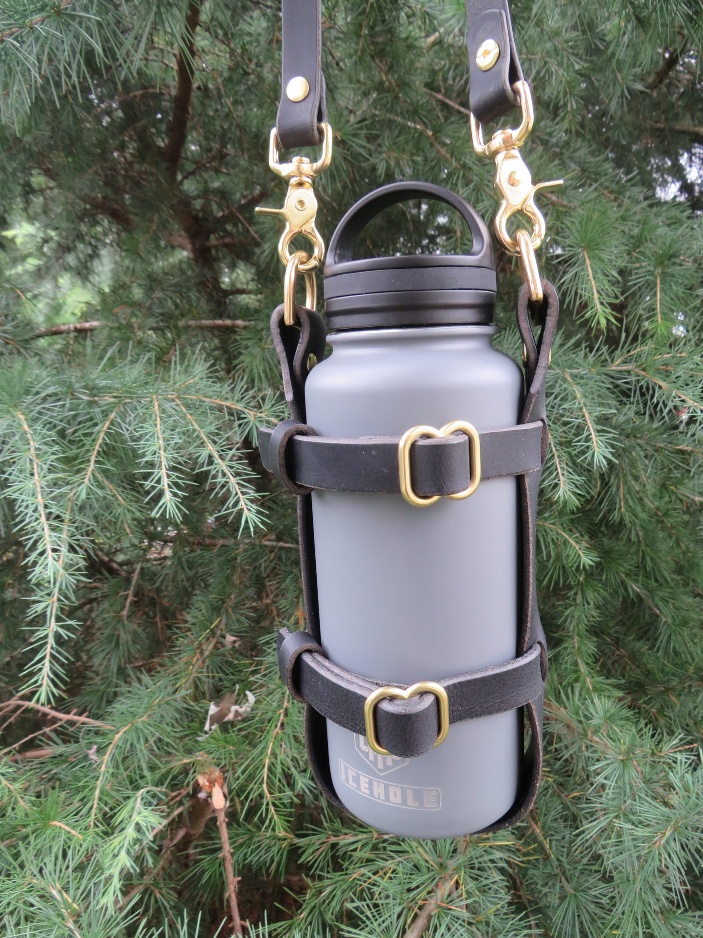 Adjustable leather water bottle carrier with shoulder strap Leather Water Bottle harness