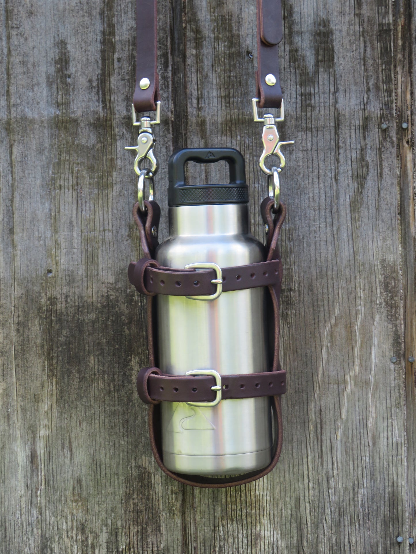 Adjustable Dark Brown bridle leather water bottle carrier with shoulder strap, stainless steel hardware