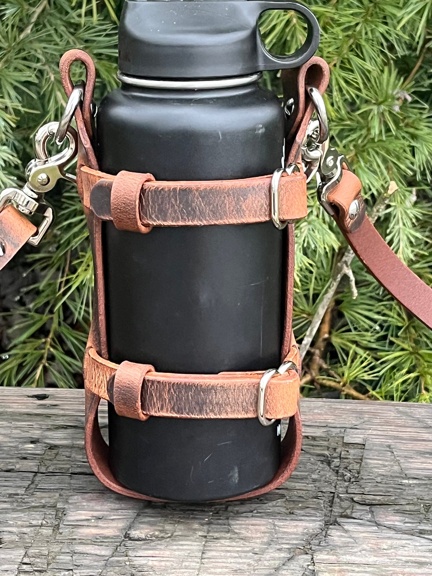 Adjustable Handmade Full Grain Water Buffalo leather water bottle carrier with shoulder strap, Custom made