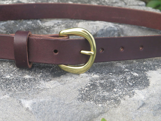 1 inch wide Dark brown Bridle Leather belt with solid brass buckle