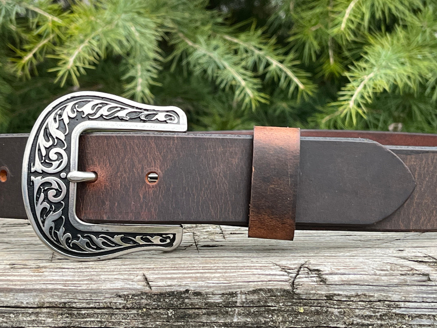 1 1/2" wide Crazy Horse leather belt - Jeremiah Watt hardware
