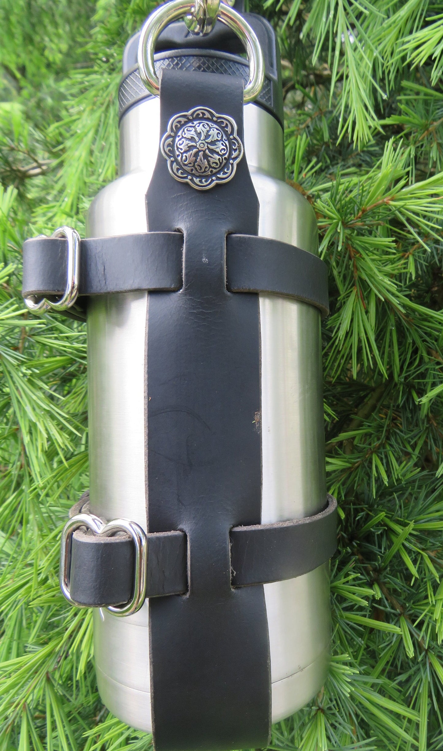Black Adjustable Full Grain leather water bottle carrier with shoulder strap, Jeremiah Watt Hardware