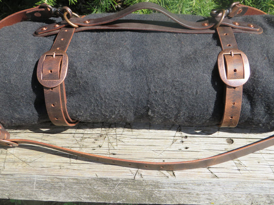 Hand made Crazy Horse Water Buffalo veg tanned leather blanket carrier/ blanket harness/bedroll