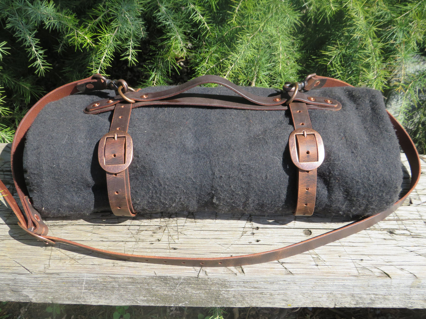 Hand made Crazy Horse Water Buffalo veg tanned leather blanket carrier/ blanket harness/bedroll