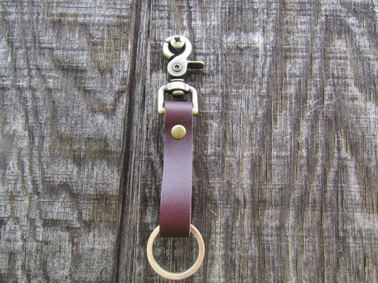 Handmade Dark Brown bridle Leather keychain with antique brass finish keyring and snap.