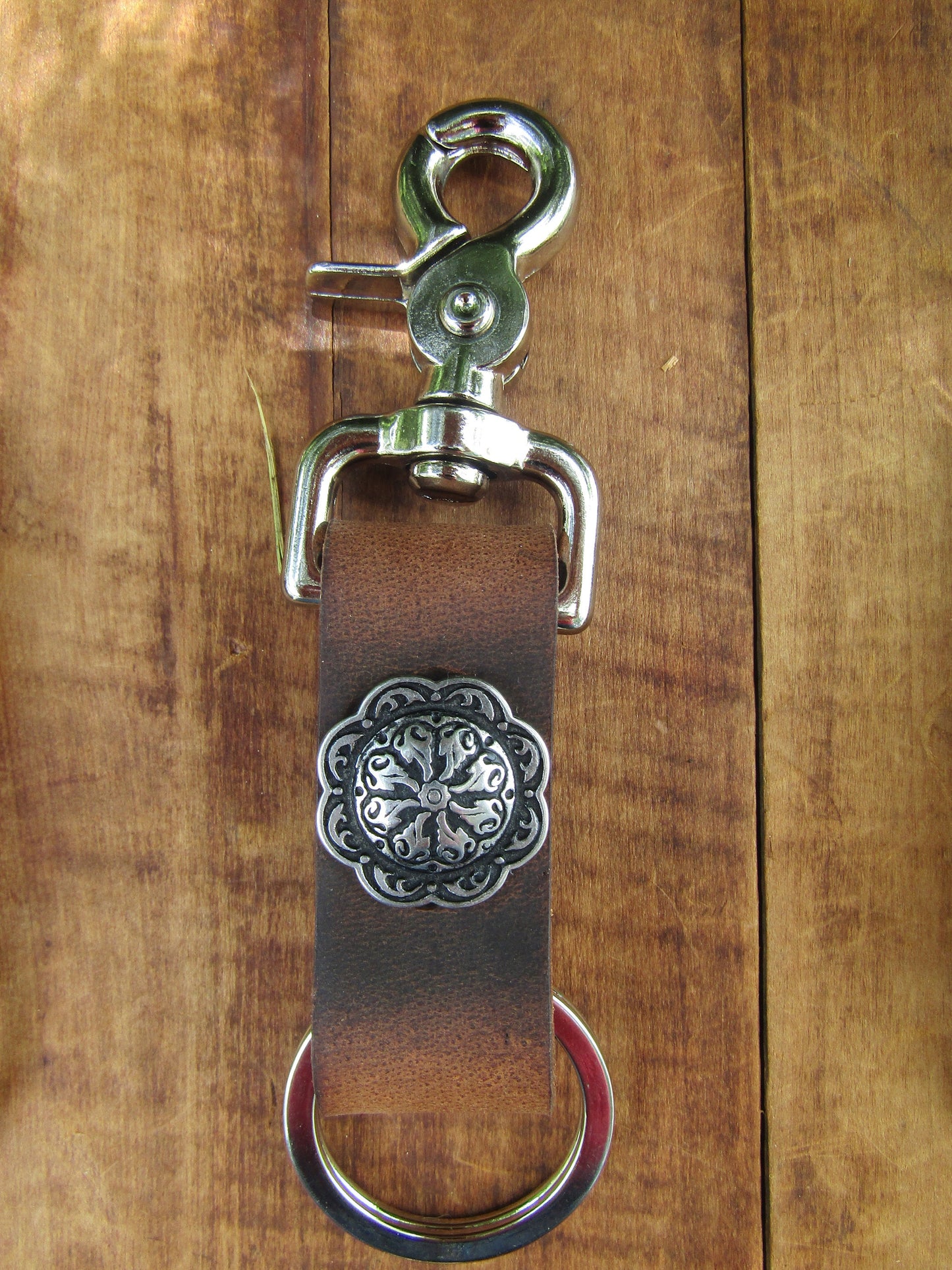 Handmade Crazy Horse Water Buffalo Full Grain Leather keychain with snap and concho