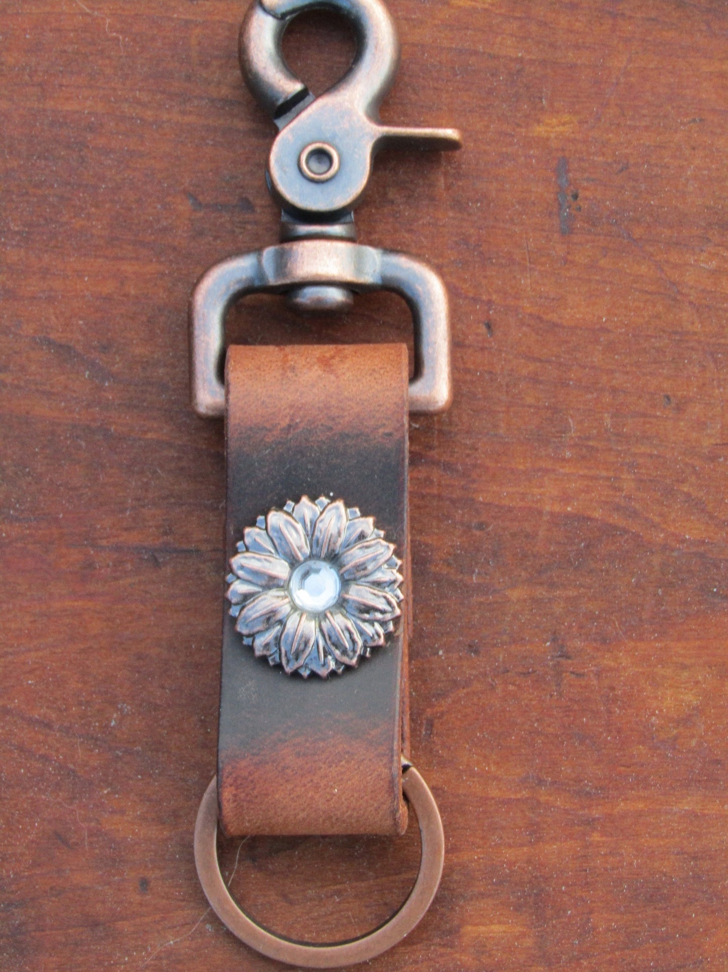 Handmade Crazy Horse Water Buffalo Full Grain Leather keychain with antique copper concho