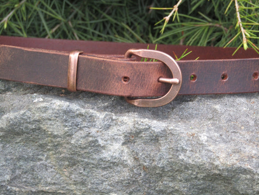 1 inch wide Crazy Horse Water Buffalo leather belt with copper finish buckle