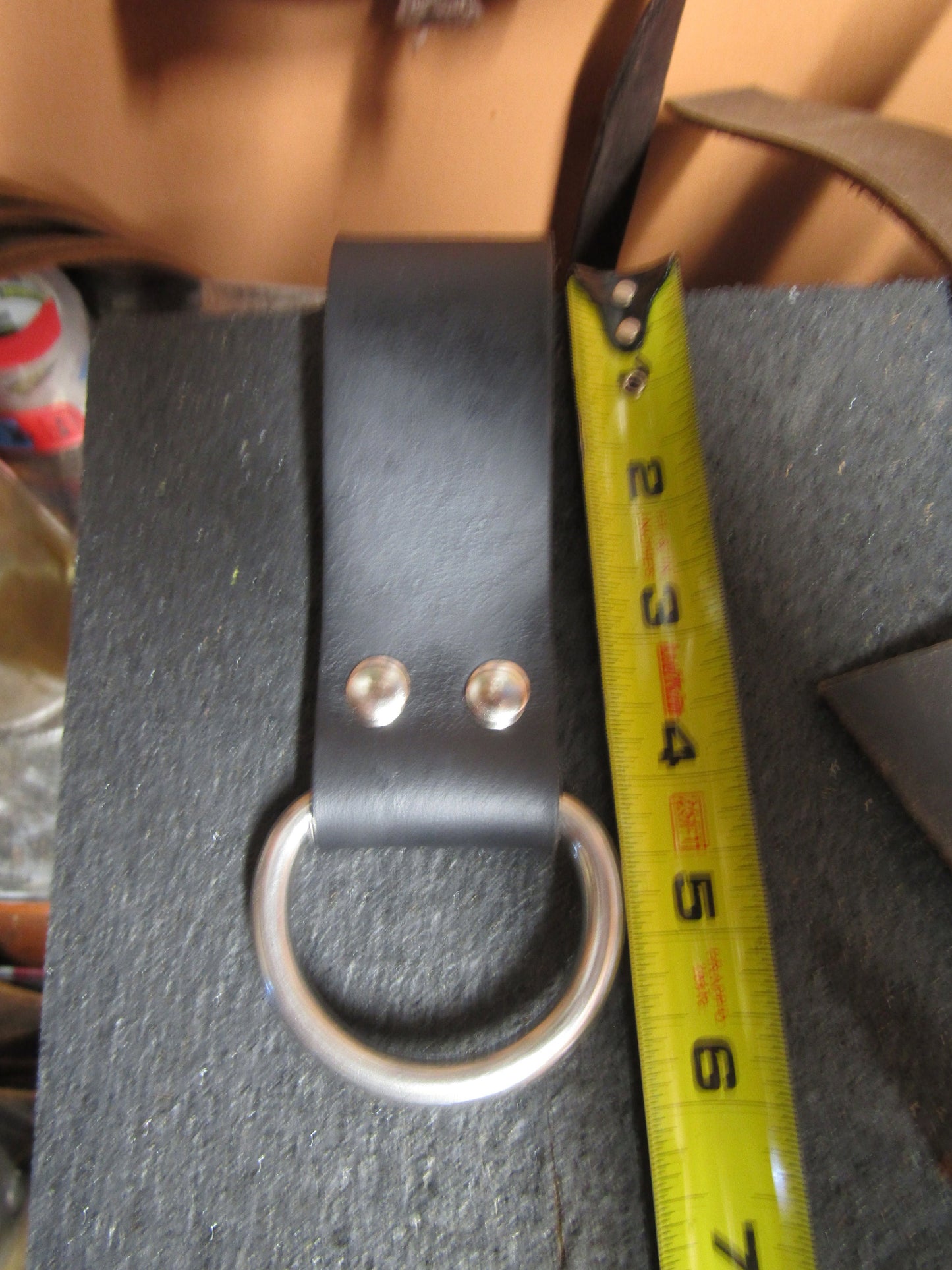 Black Full Grain Water Buffalo leather Knife hanger, strap holder, with stainless steel D ring, utility belt, pack strap