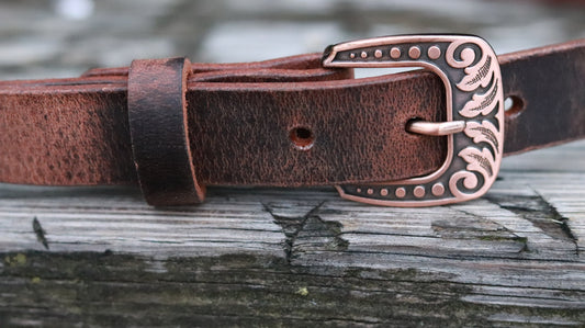 1 inch wide Crazy Horse Water Buffalo Belt with Jeremiah Watt copper finish buckle