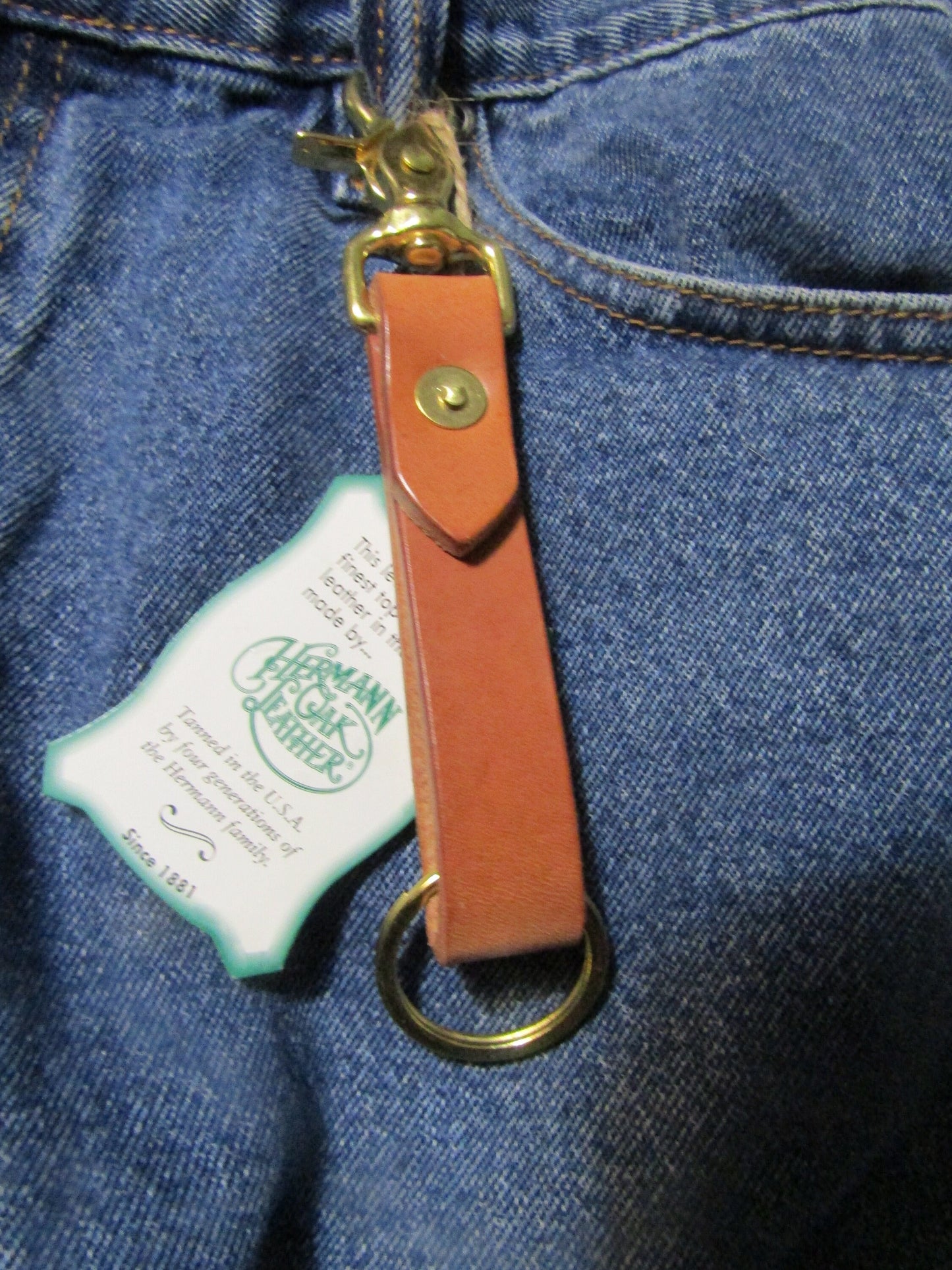 Handmade Hermann Oak Harness Leather keychain solid brass key ring and snap with hand driven rivet
