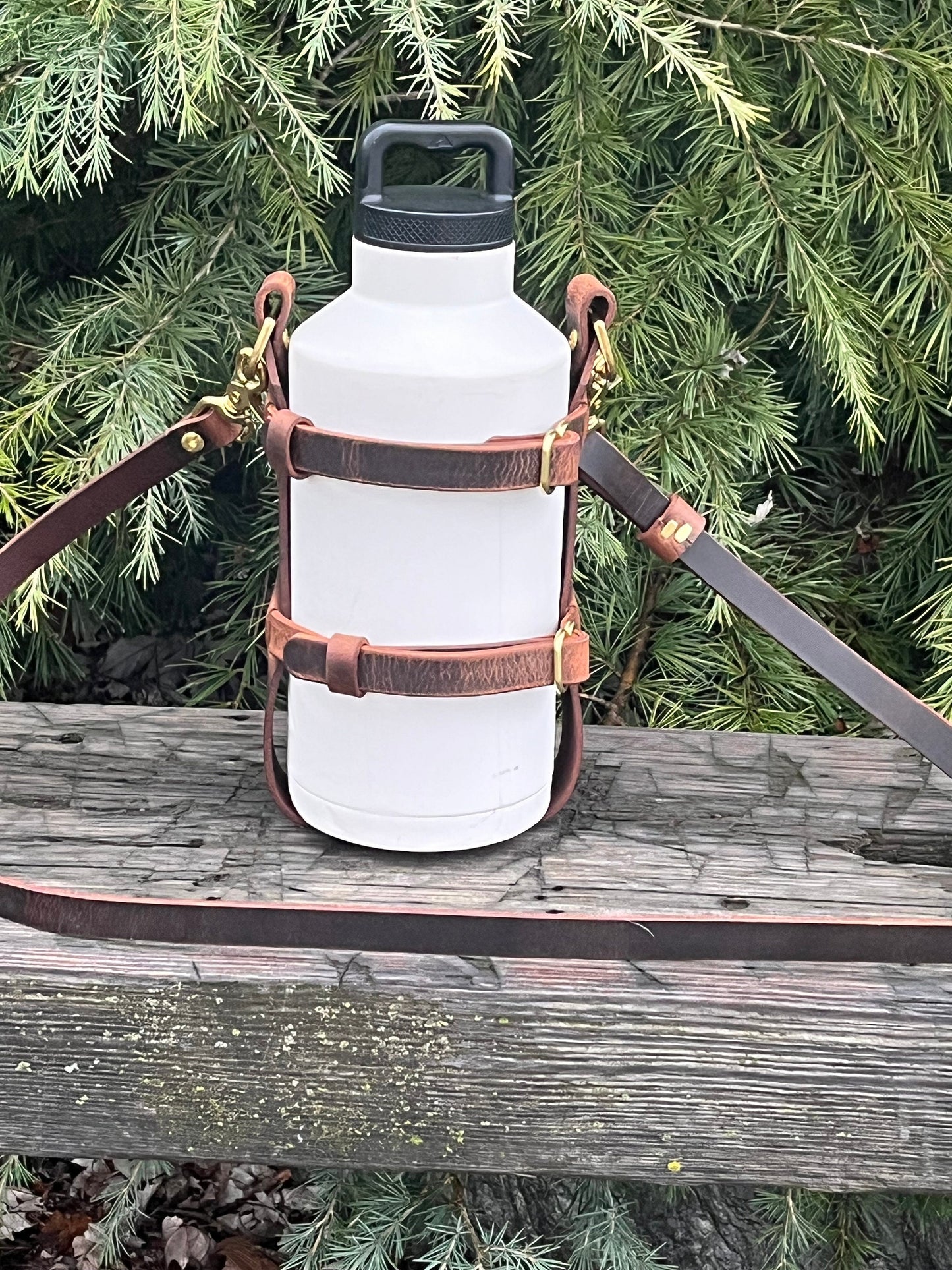 Adjustable Full Grain Water Buffalo leather water bottle carrier with shoulder strap- half gallon