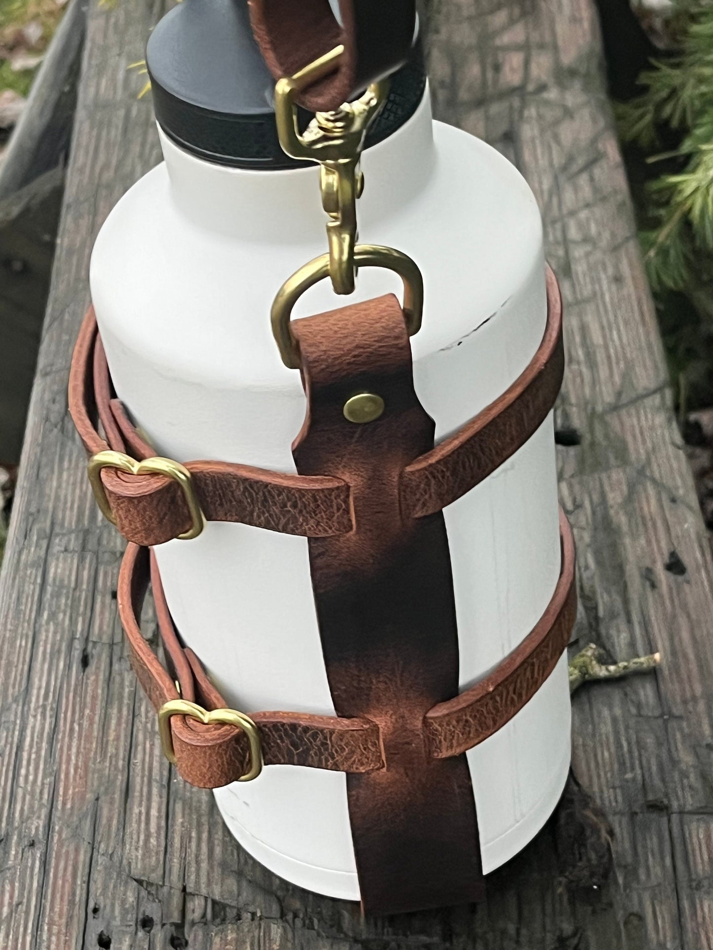 Adjustable Full Grain Water Buffalo leather water bottle carrier with shoulder strap- half gallon
