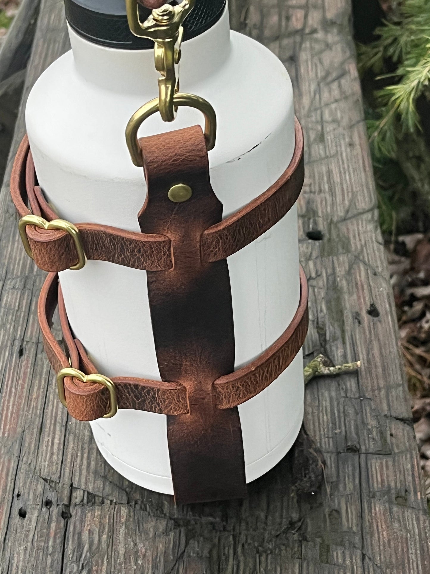 Adjustable Full Grain Water Buffalo leather water bottle carrier with shoulder strap- half gallon