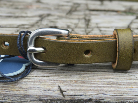Olive Green harness Leather narrow belt, Made in USA , 1/2" wide belt, leather belt, narrow leather belt, skinny leather belt, custom belt