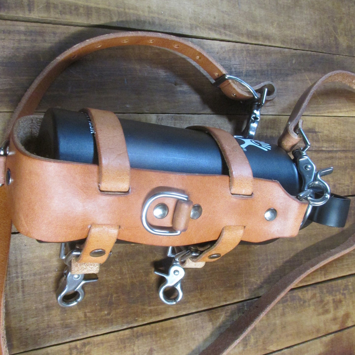 Hermann Oak leather water bottle carrier, bottle harness with shoulder strap, adjustable, briefcase, bike