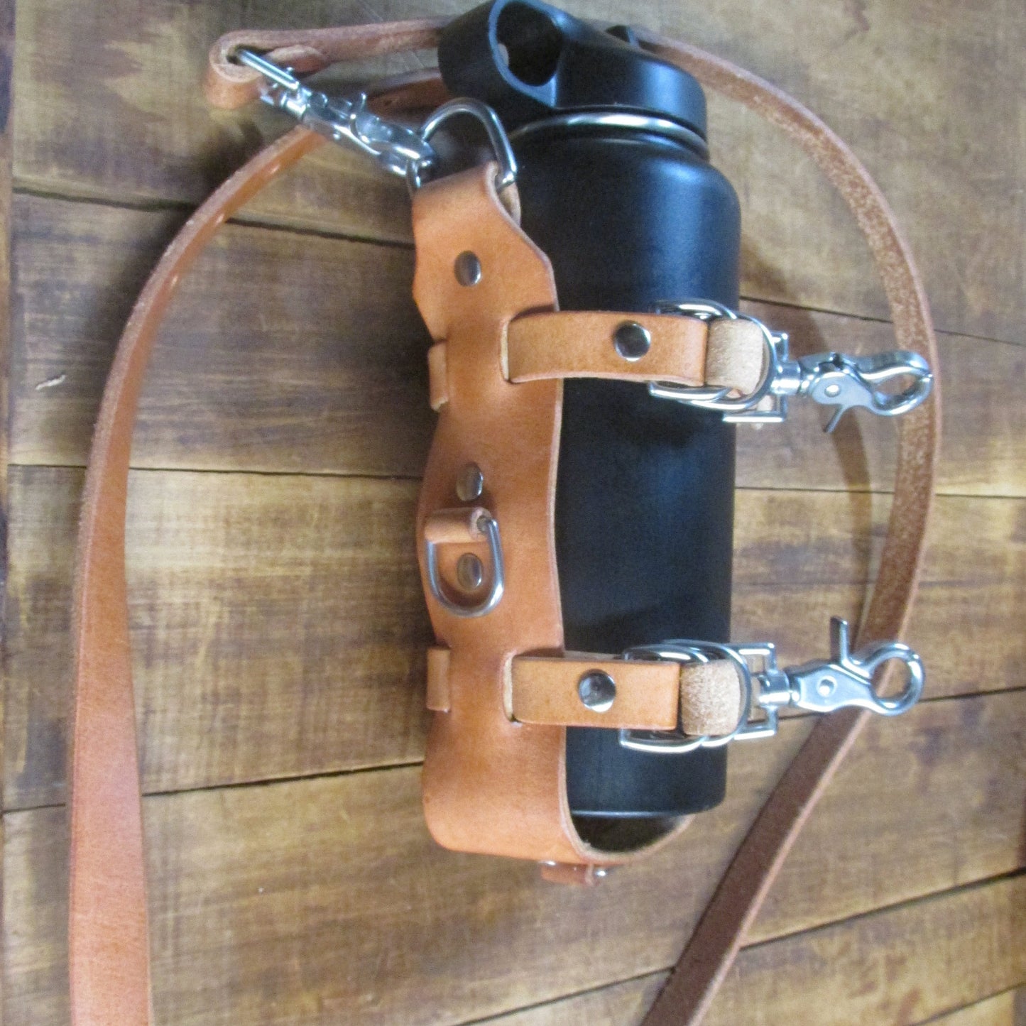 Hermann Oak leather water bottle carrier, bottle harness with shoulder strap, adjustable, briefcase, bike