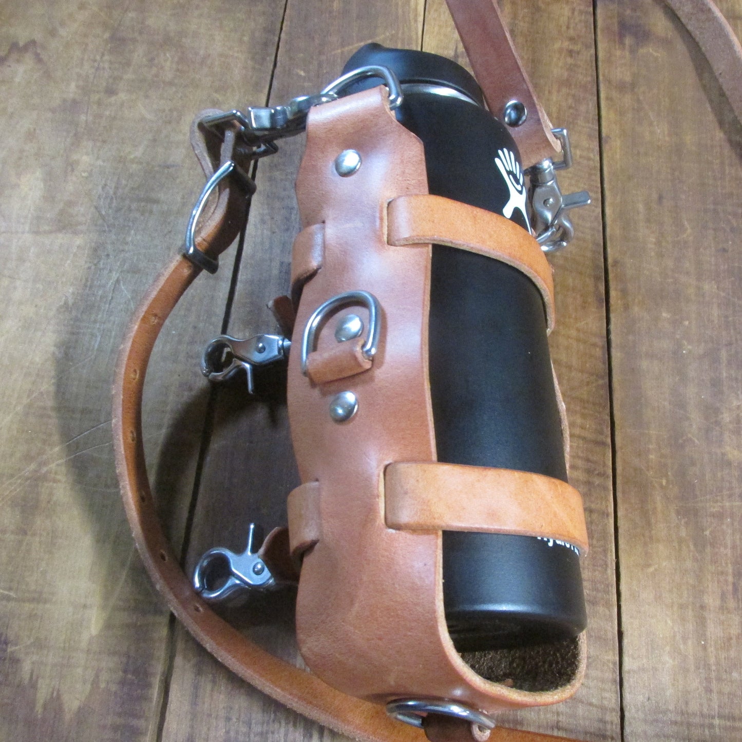 Hermann Oak leather water bottle carrier, bottle harness with shoulder strap, adjustable, briefcase, bike