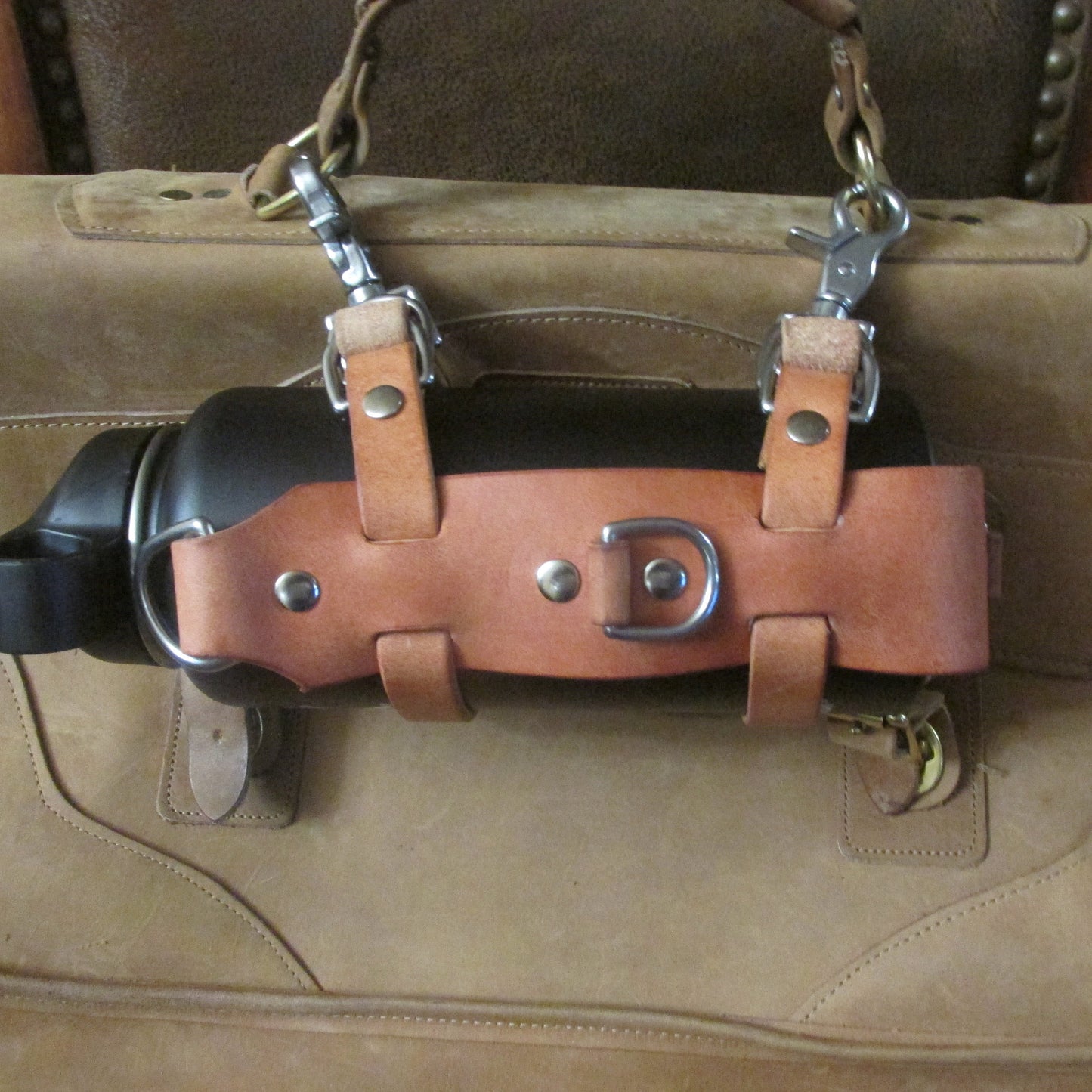 Hermann Oak leather water bottle carrier, bottle harness with shoulder strap, adjustable, briefcase, bike