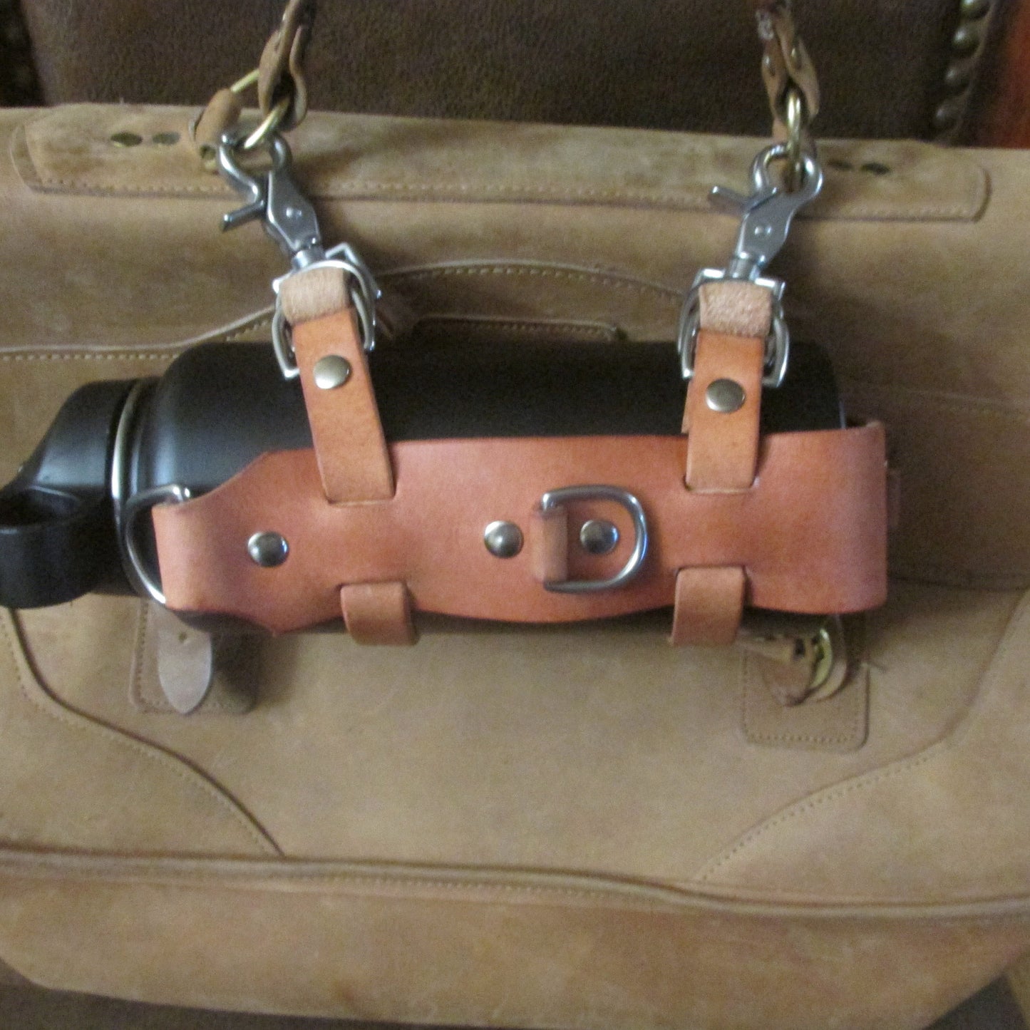 Hermann Oak leather water bottle carrier, bottle harness with shoulder strap, adjustable, briefcase, bike