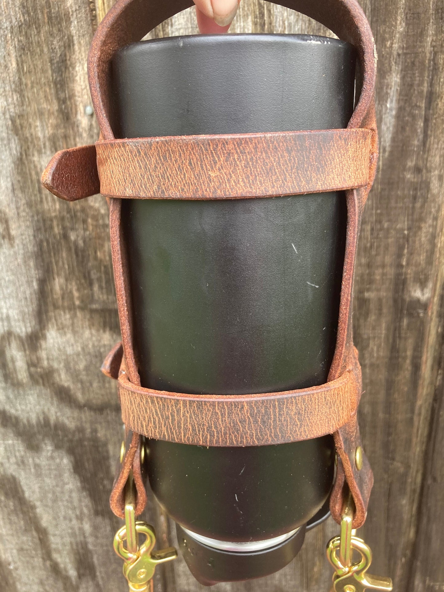 Adjustable Full Grain Water Buffalo leather water bottle carrier with shoulder strap