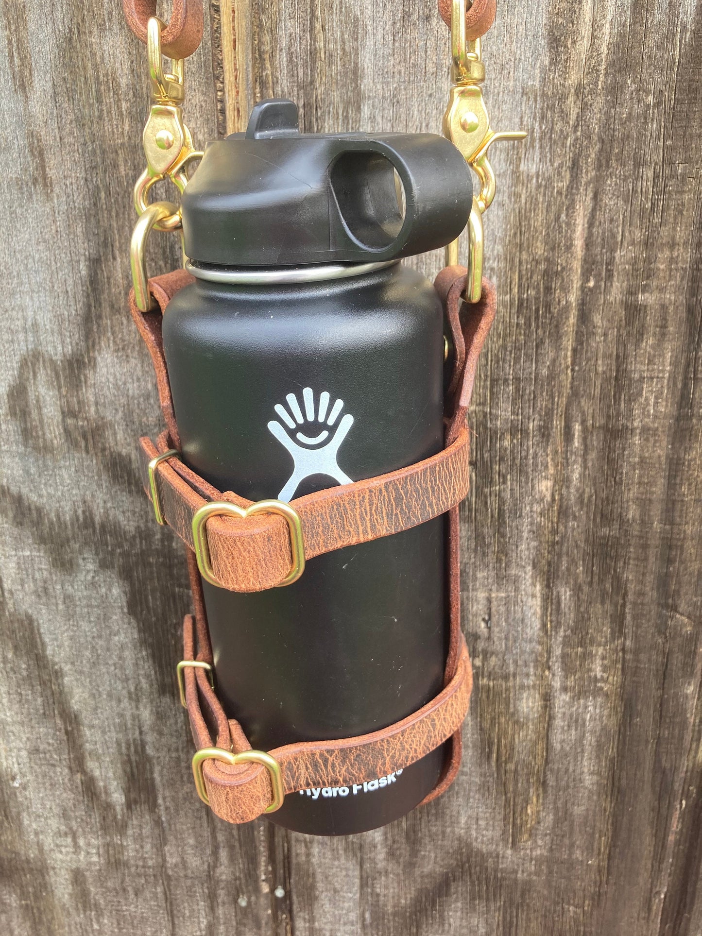 Adjustable Full Grain Water Buffalo leather water bottle carrier with shoulder strap