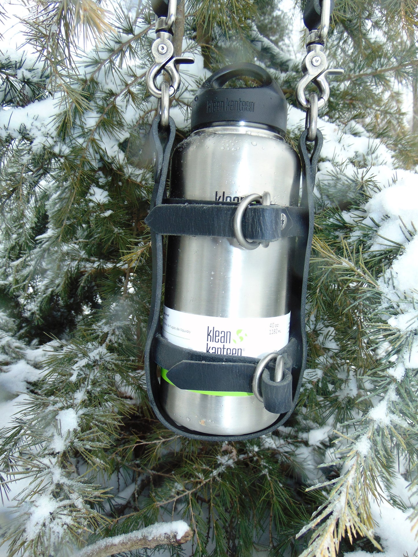 Adjustable Full Grain Black Water Buffalo leather water bottle carrier with shoulder strap