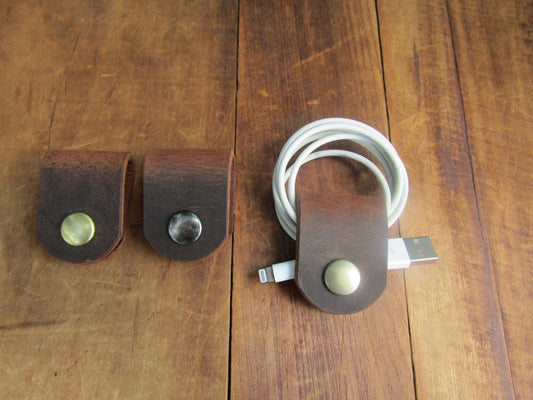 Set of 3 Crazy Horse brown Water Buffalo leather cord keeper, cord holder