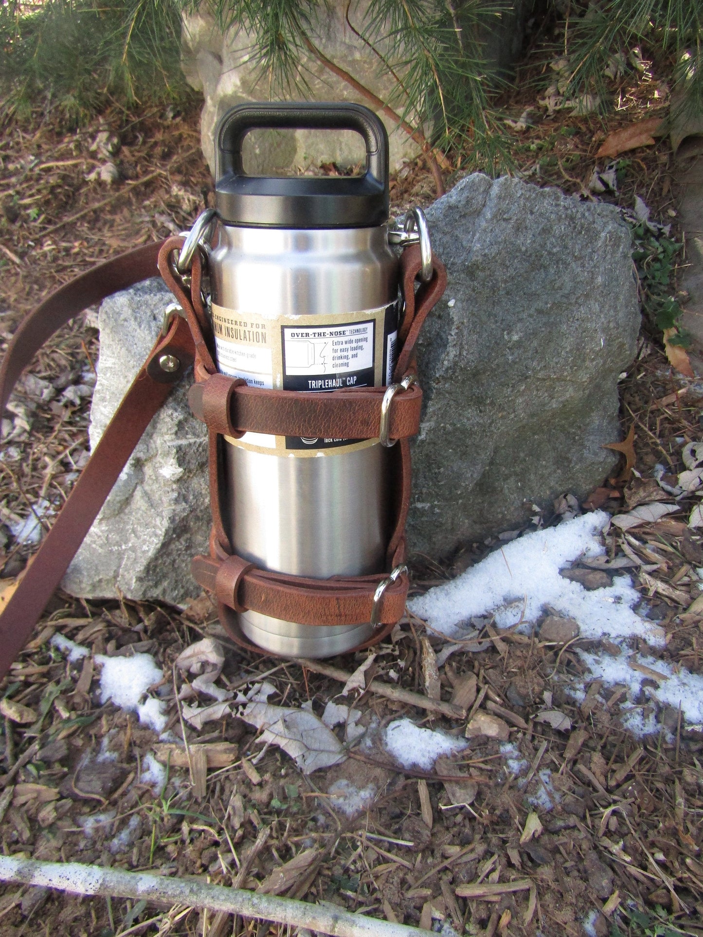 Adjustable Handmade Full Grain Water Buffalo leather water bottle carrier with shoulder strap, Custom made