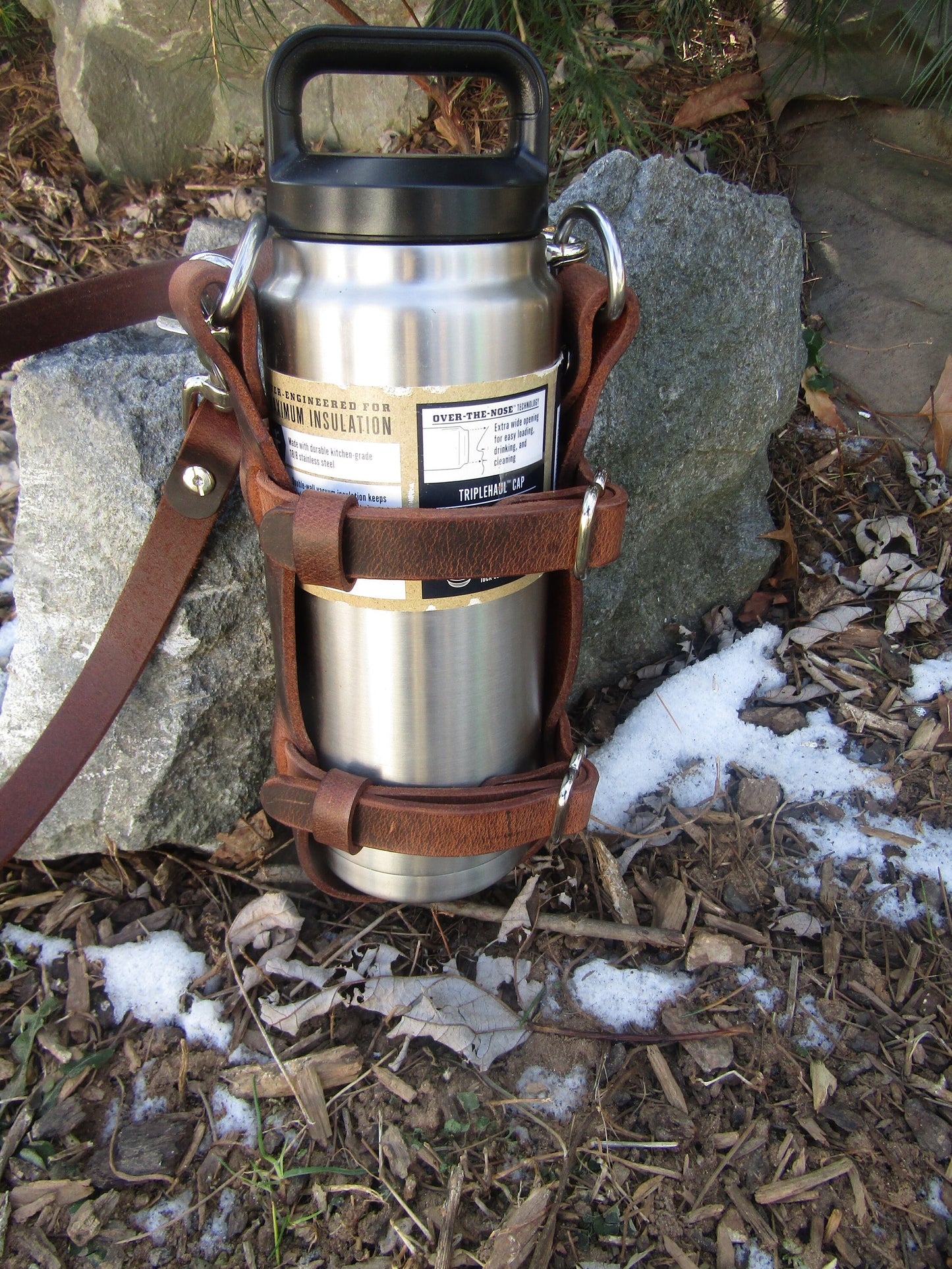 Adjustable Handmade Full Grain Water Buffalo leather water bottle carrier with shoulder strap, Custom made