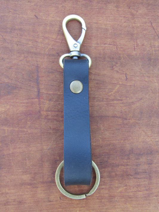 Handmade Black Water Buffalo leather key chain with Antique Brass key rings and snap, Leather key fob, Leather key chain